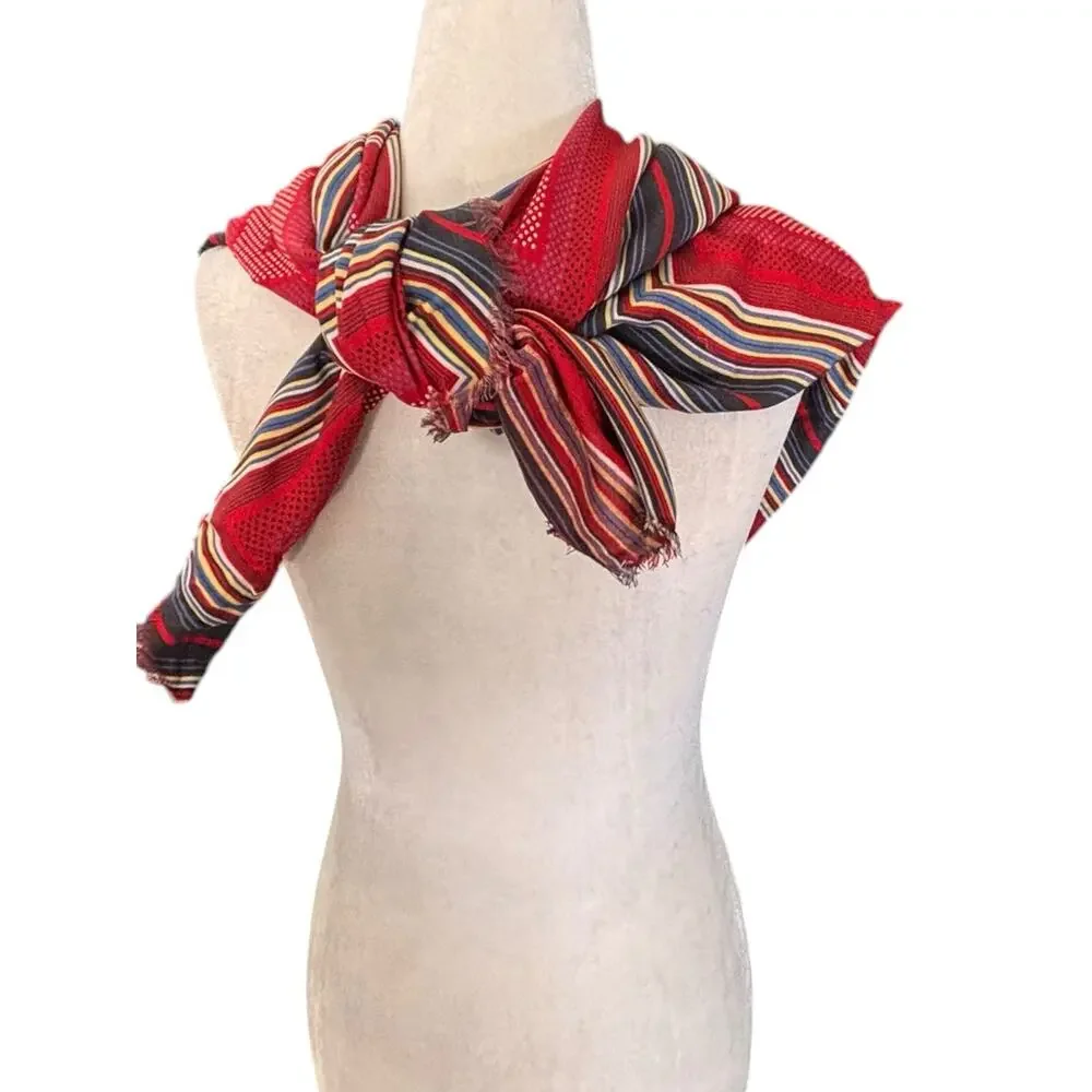 Geometric Stripe Square Scarf Shawl Wrap Red Blue Fringed Boho Artsy Layer